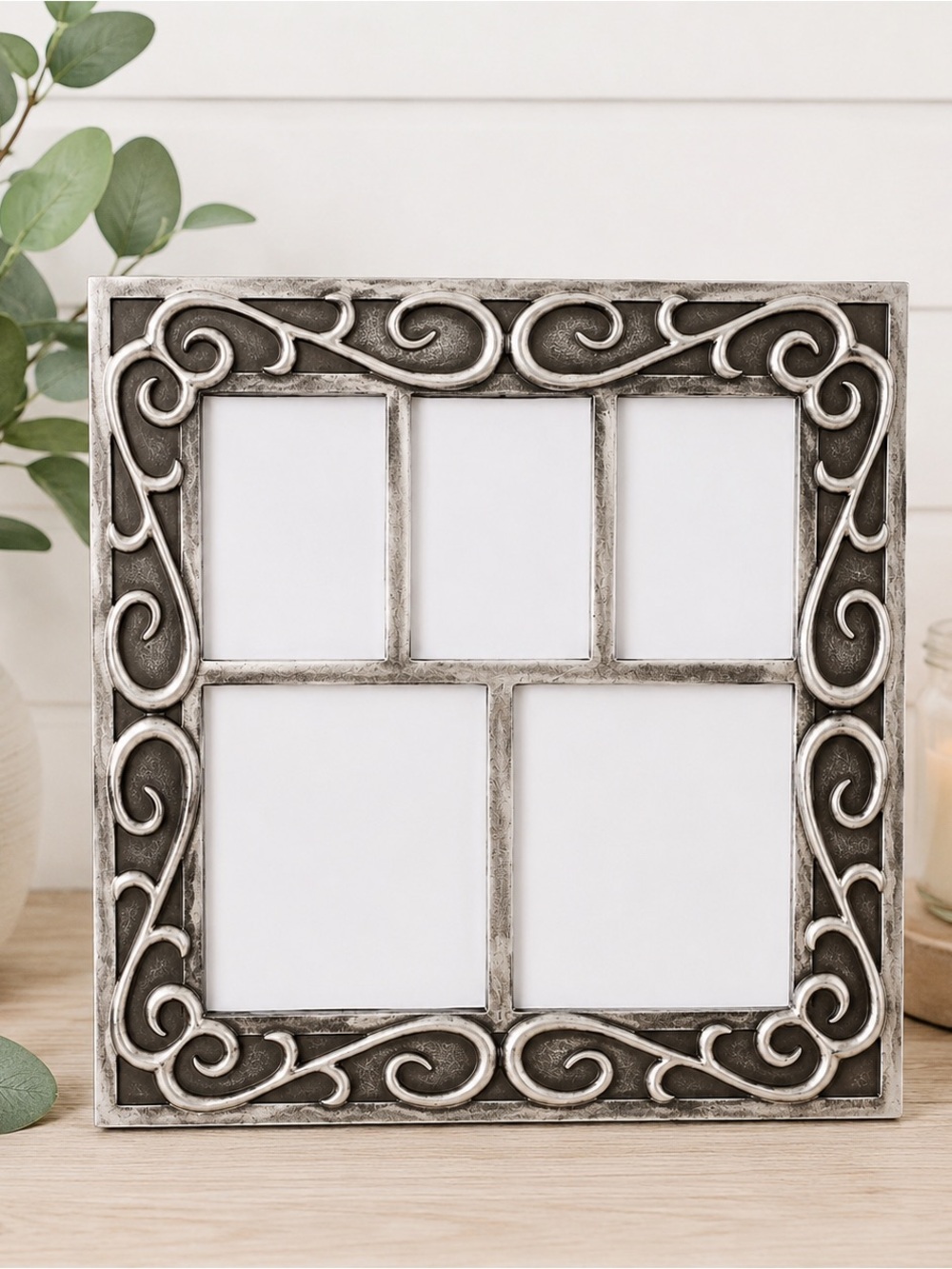 Fetco Ornate Cast Metal 5 Opening Collage Picture Frame 7x7 Silver Tabletop NEW